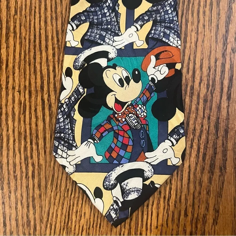 Vintage 90s Disney Mickey Mouse Showtime Silk Novelty Tie Plaid Statement EUC